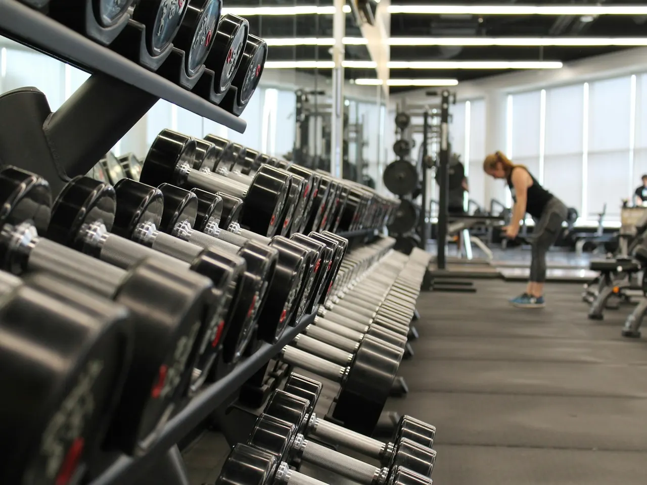 Strength training equipment in a gym
